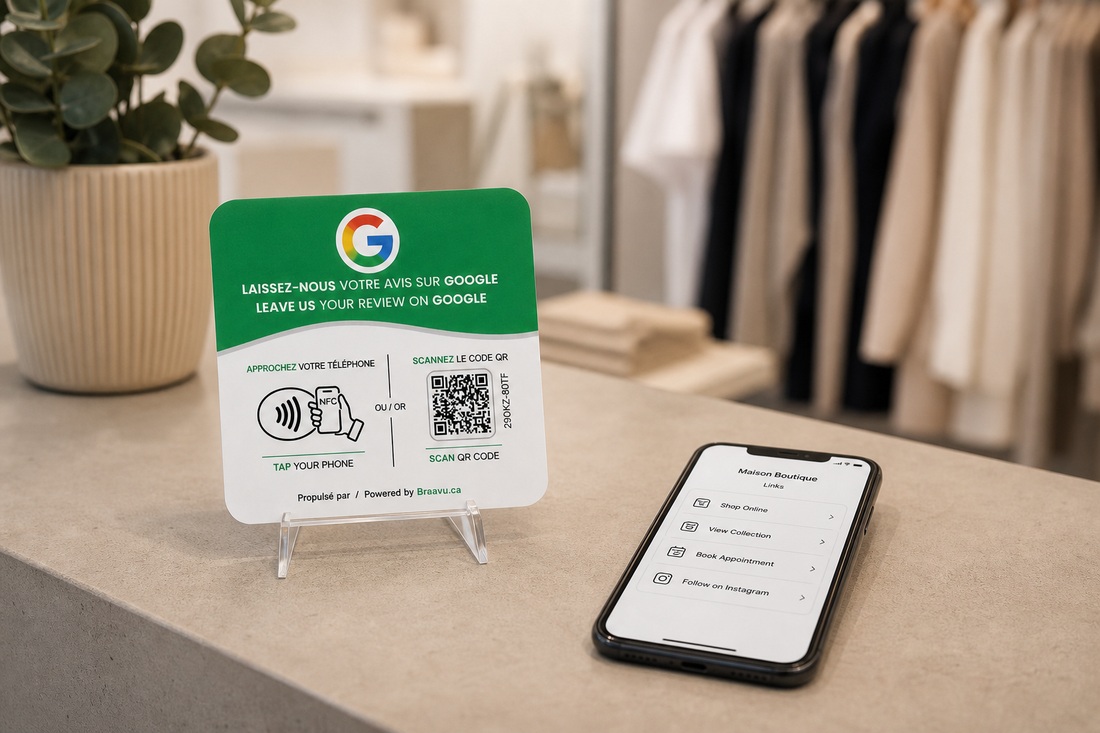 Une plaque d'avis Google Braavu sur le comptoir d'un commerce