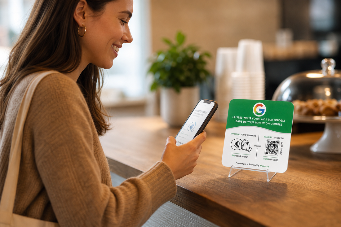 Client qui approche son téléphone d'une plaque d'avis Google Braavu au comptoir