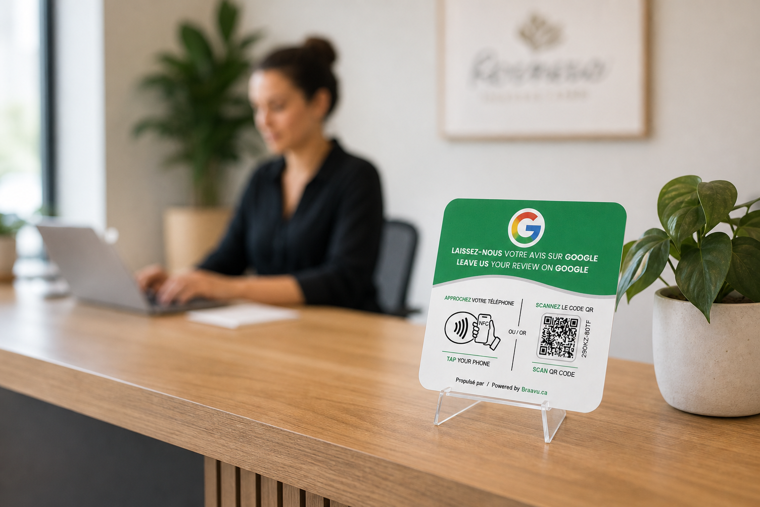 Une plaque d'avis Google Braavu sur le comptoir d'un commerce