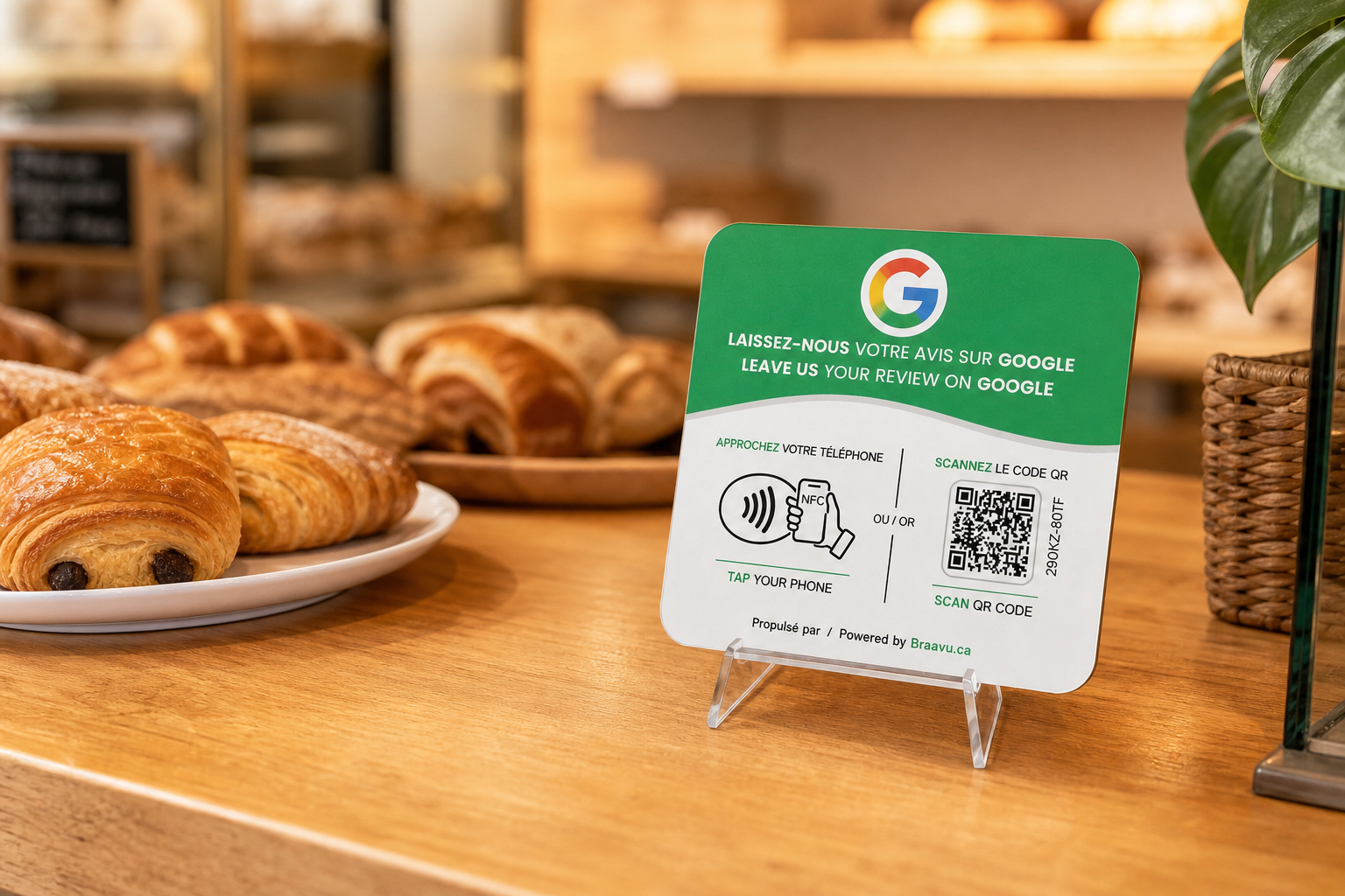 Une plaque d'avis Google Braavu sur le comptoir d'un commerce