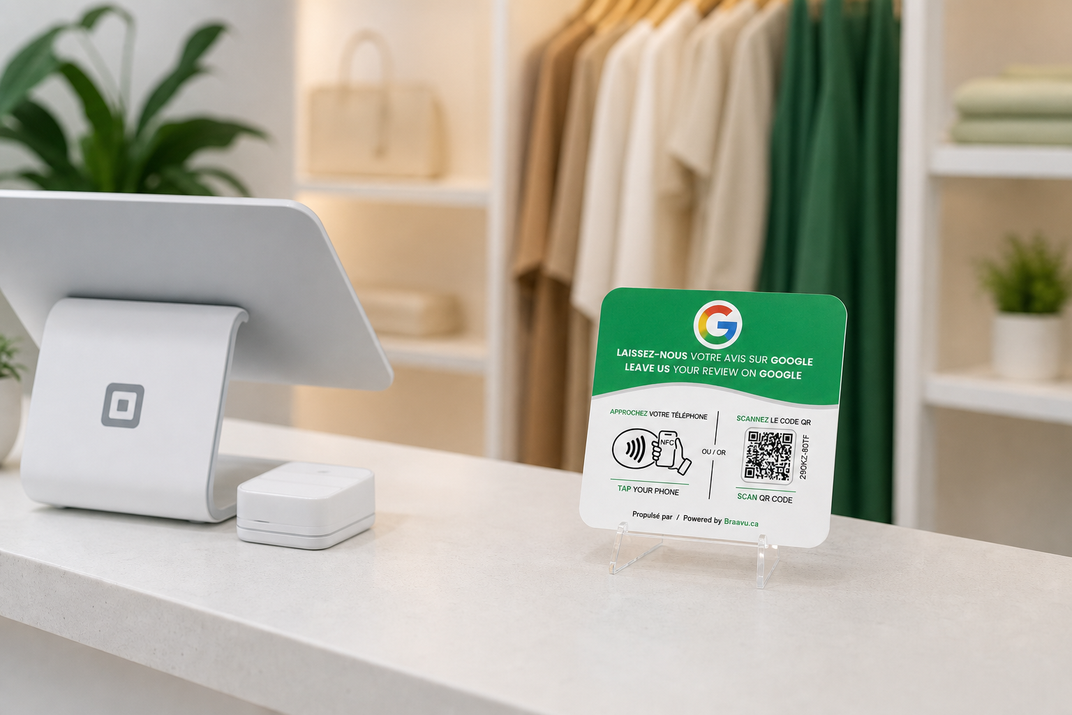 Une plaque d'avis Google Braavu sur le comptoir d'un commerce