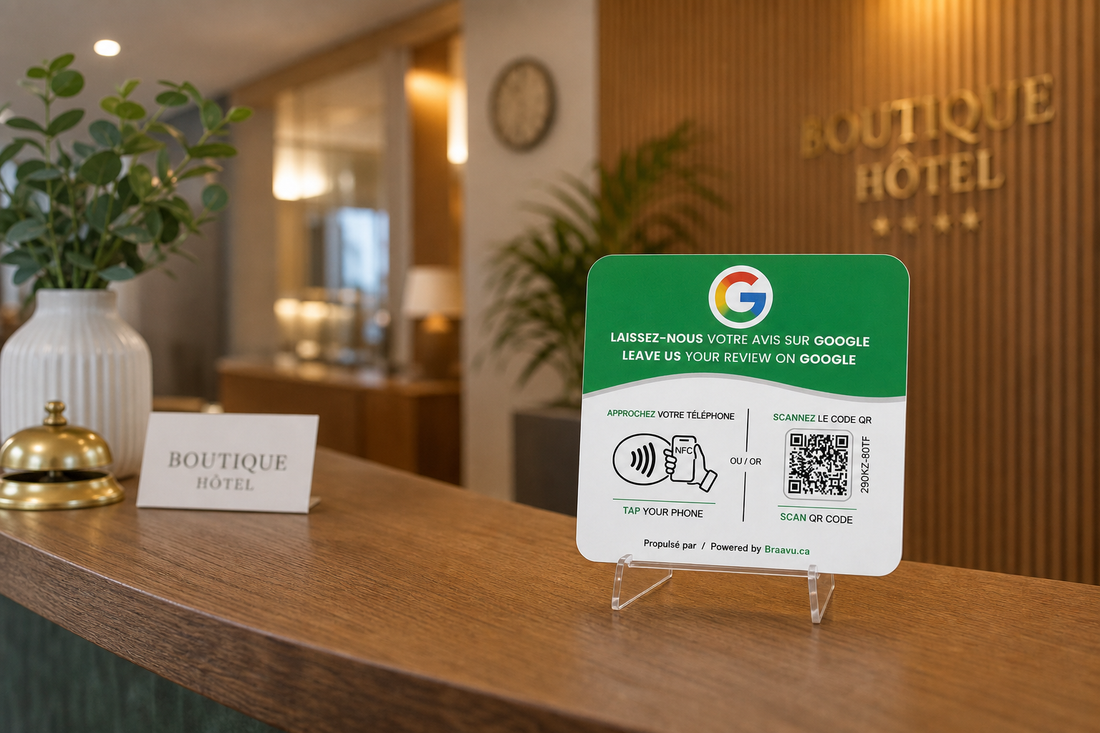 Une plaque d'avis Google Braavu sur le comptoir d'un commerce