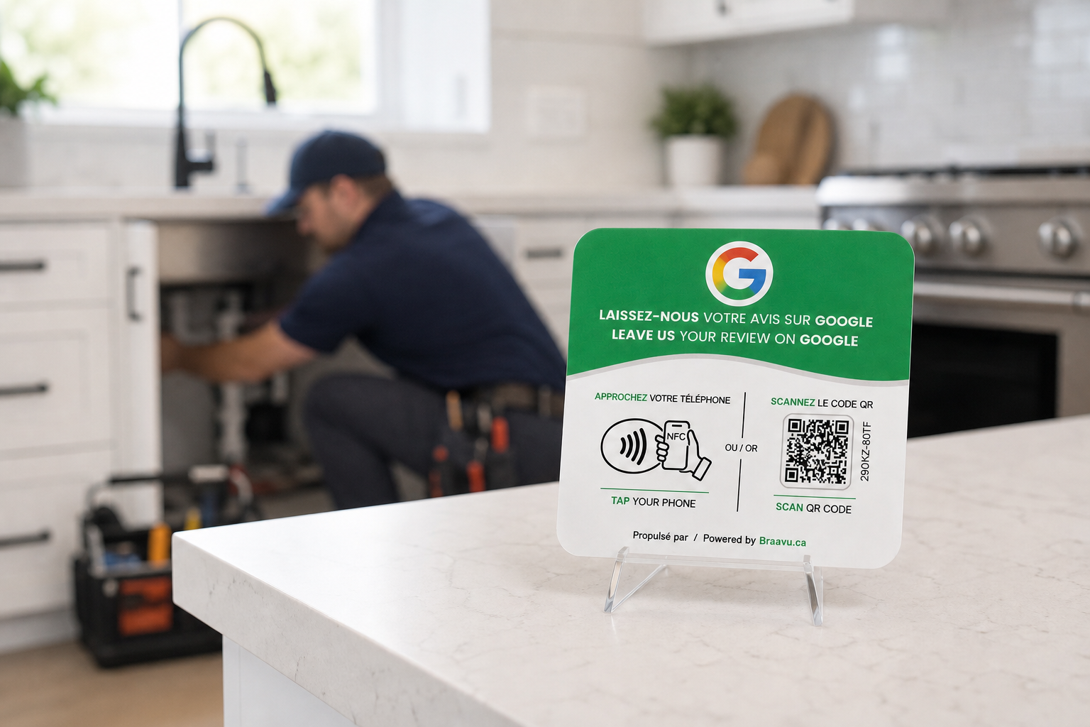 Une plaque d'avis Google Braavu sur le comptoir d'un commerce