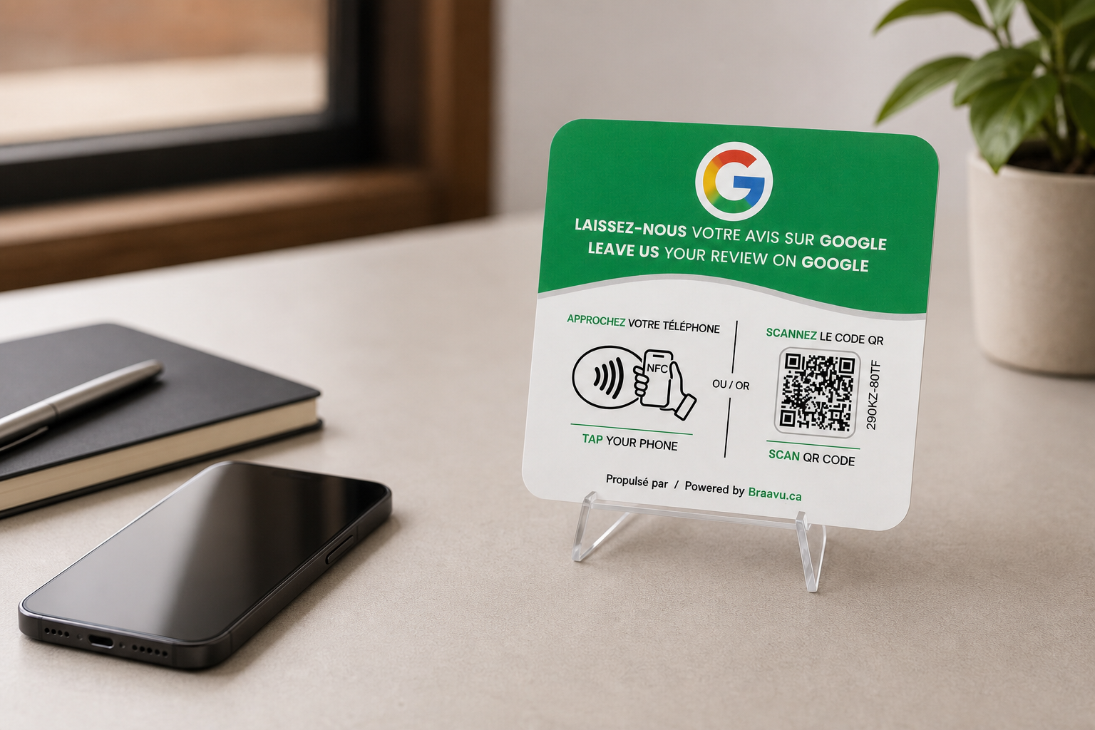 Une plaque d'avis Google Braavu sur le comptoir d'un commerce