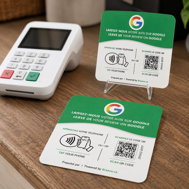 Braavu Google-review plaque on a counter